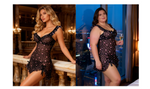 Pink Heart Print Mesh Nightdress for Women Lace Trim See Through Push Up Underwire Chemise with Panties Plus Size M-3XL