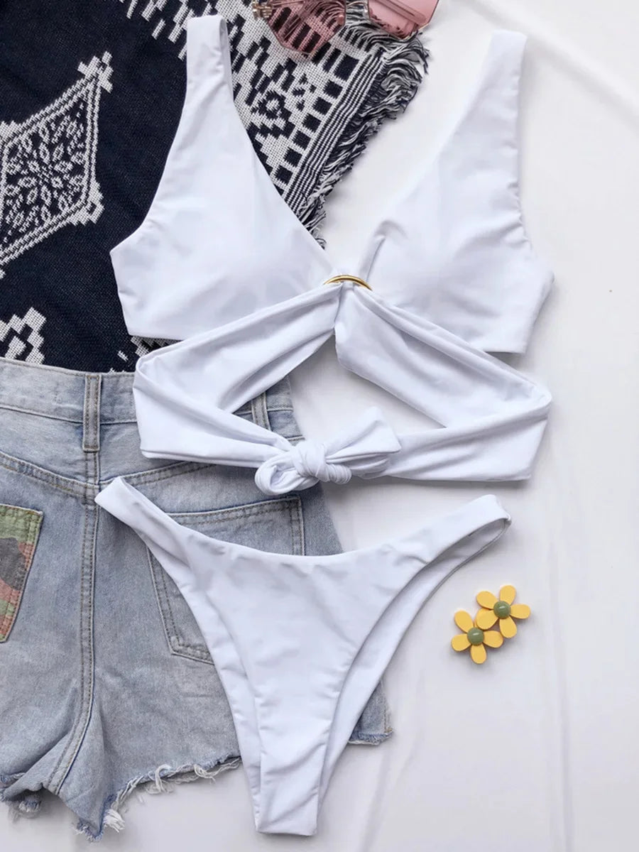 Sexy Adjustable Rings Cross Bandage Bikini Female Swimsuit Women Swimwear Two-pieces Bikini set Bather Bathing Suit Swim Lady