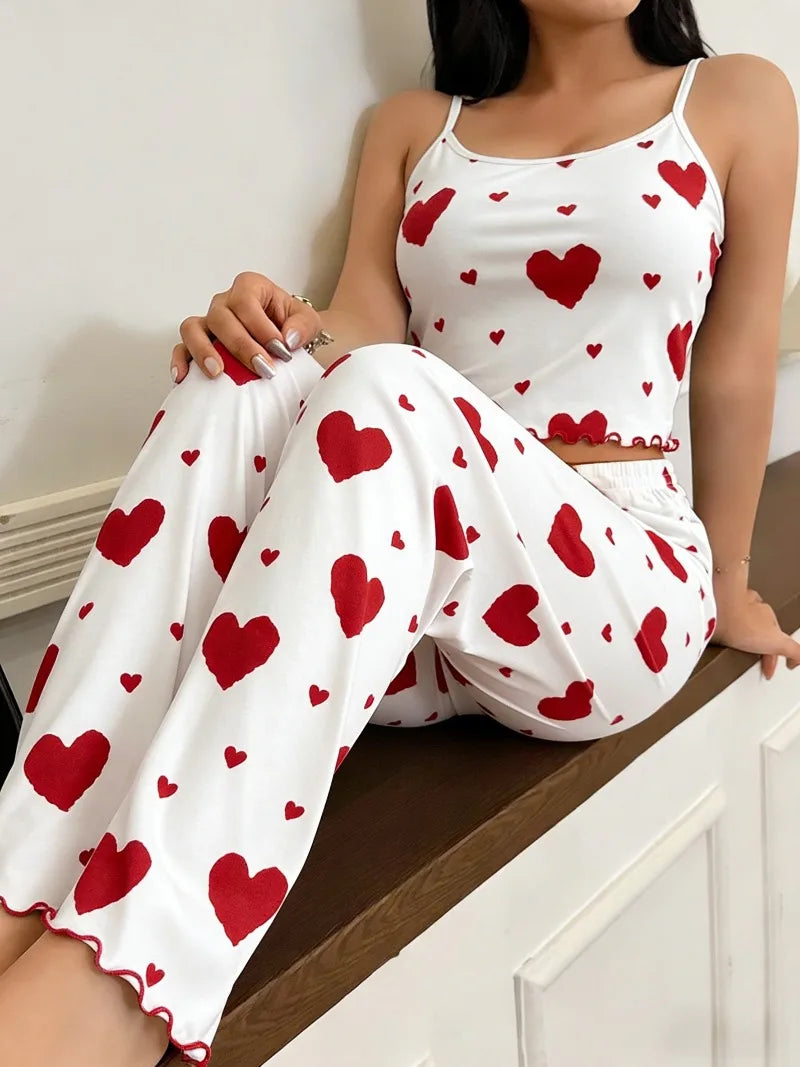 Women's Summer Sleepwear Casual Heart Pattern Red Ruffle Camisole + Red Heart Print Long Pants Pajamas Set
