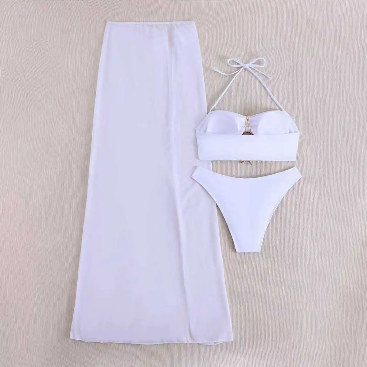 Vintage White Mesh Long Skirt 3 Piece Bikini Set 2026 Swimwear Women Metal Starfish Hollow Out Push Up Bra High Waist Swimsuit