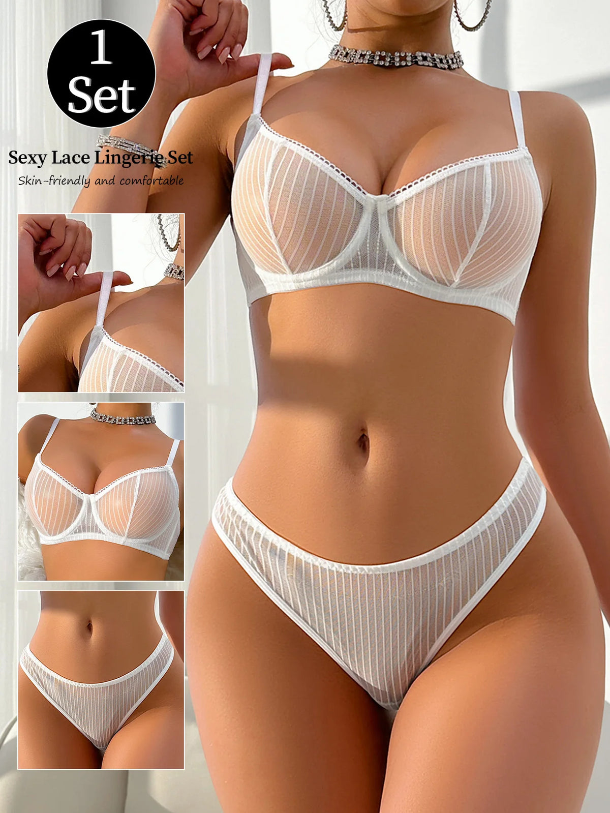 Fashion striped white sexy mesh transparent erotic thong underwear women's set YS2864