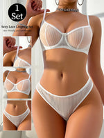 Fashion striped white sexy mesh transparent erotic thong underwear women's set YS2864