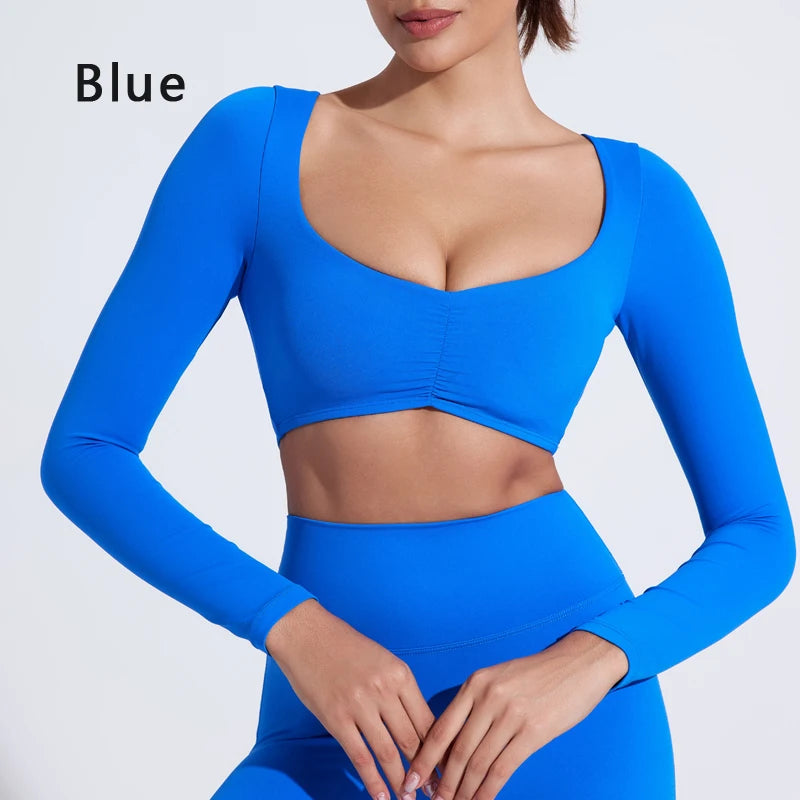 DIAS FIT JOY Nylon Gym Top Yoga Long Sleeved T-Shirt Tight Pleated Sports Top Women's Waist Tight Yoga Top