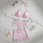 Triangle String Halter Bikinis Sets 3 Pieces Black Lace Mesh Swimwear Thong Sexy Swimsuit Cove Up Women 2026 Bathing Suit Bikini