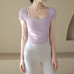 Women's yoga fitness short sleeved T-shirt, fixed chest cushion mesh fake two-piece yoga training fitness top