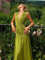 FDYOUI Womens Chic V-neck Sleeveless Pleated Long Maxi Holiday Dress Ladies Summer High Waist Tunics Solid Evening Party Dresses