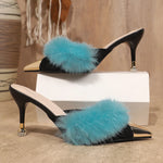 Women's Plush Mules High HeelsMetal Decoration, Pointed Toe Stiletto Sandals, Patent Leather Slippers, Fur Decoration, Sexy