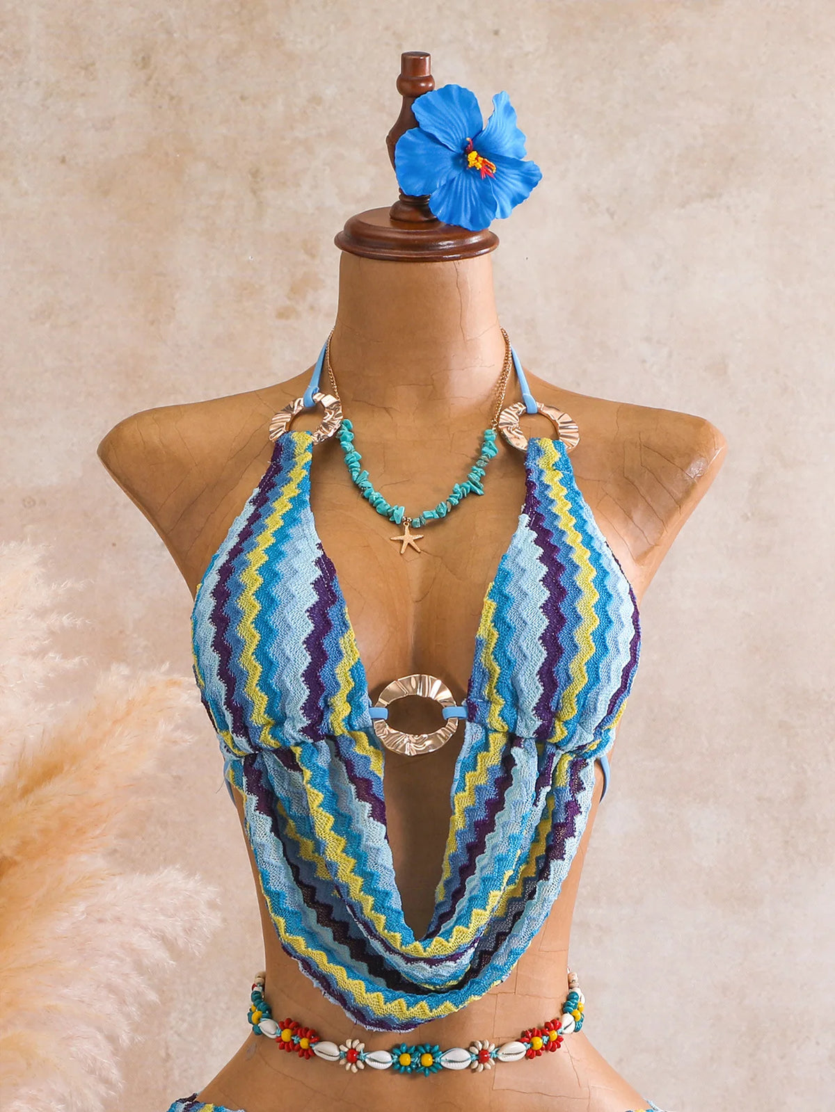 Vintage Blue Striped Knitted Cover Up 3 Piece Bikini Set 2026 Swimwear Women Push Up Bra Drawstring High Waist Shorts Swimsuit