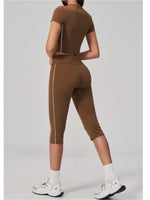 Color Blocked Yoga Suit Women Tracksuit Short Sleeve Shock-absorbing Sports T Shirts High Waist Pants Gym Running Fitness Suits