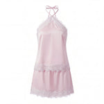 Women's Summer Satin Skirt Outfits Lace Trim Sleeveless Halter Camisole Tops with Mini Skirt 2 Piece Sets Retro Daily Date Wear