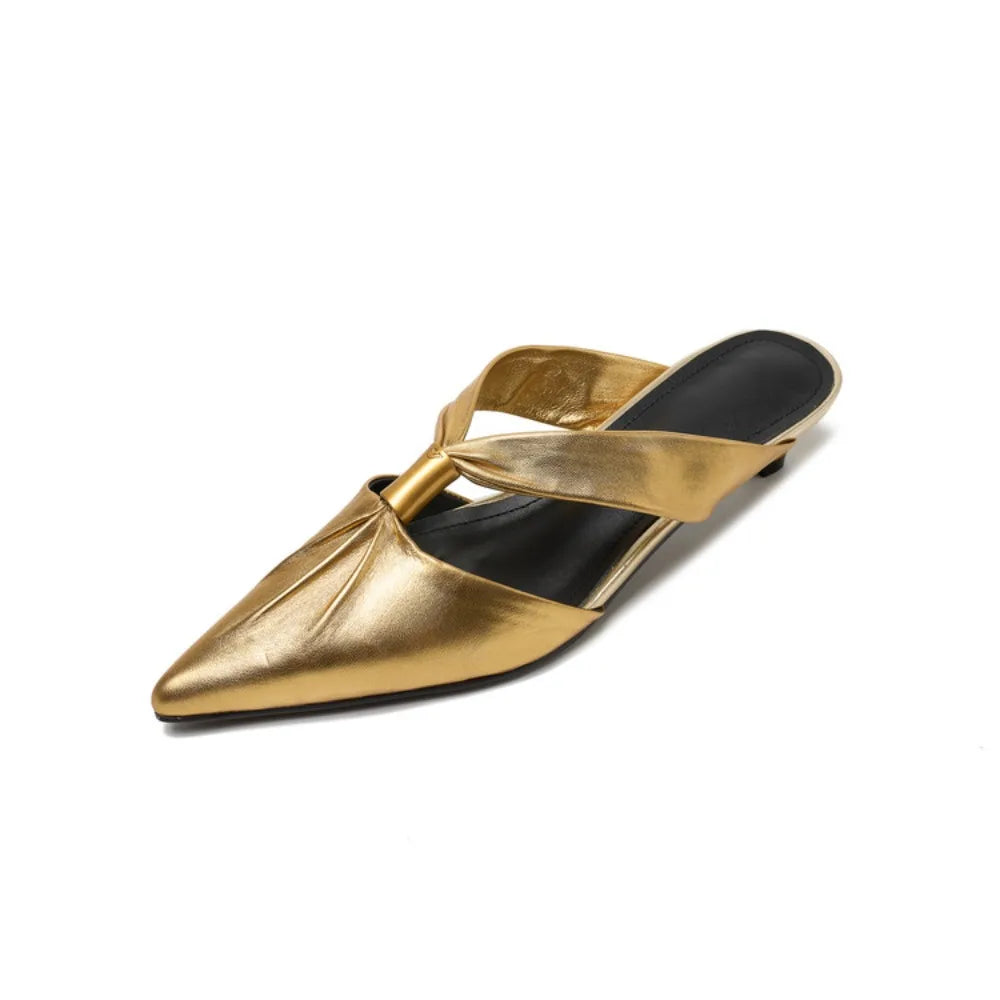 2026 Summer New Brand Women Slipper Fashion Pointed Toe Slip On Slides Low Heel Ladies Elegant Mules Sandals Top qualityGold
