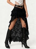 Summer Women Flower Lace Long Skirt Elastic High Waist Layered Ruffle Irregular Skirt Streetwear
