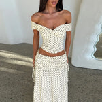 FDYOUI Woman Clothing Polka Dot Crop Tops and Lace-up Skirt Two Piece Sets Female Elegant Slash Neck Long Vacation Dresses Suit