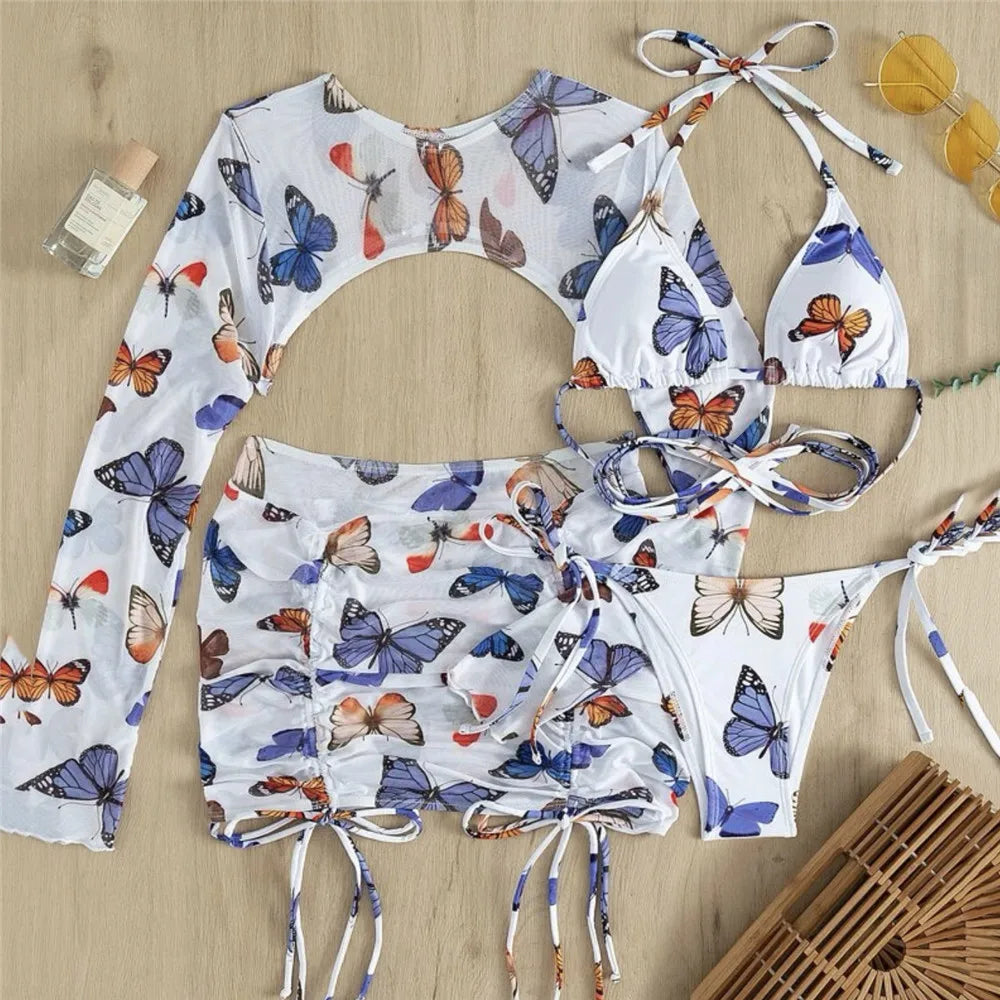 White Butterfly Print Swimwear Cover Up Bikinis Sets 3 Pieces Sexy Swimsuit Women 2026 Beach Wear Halter String Triangle Bikini