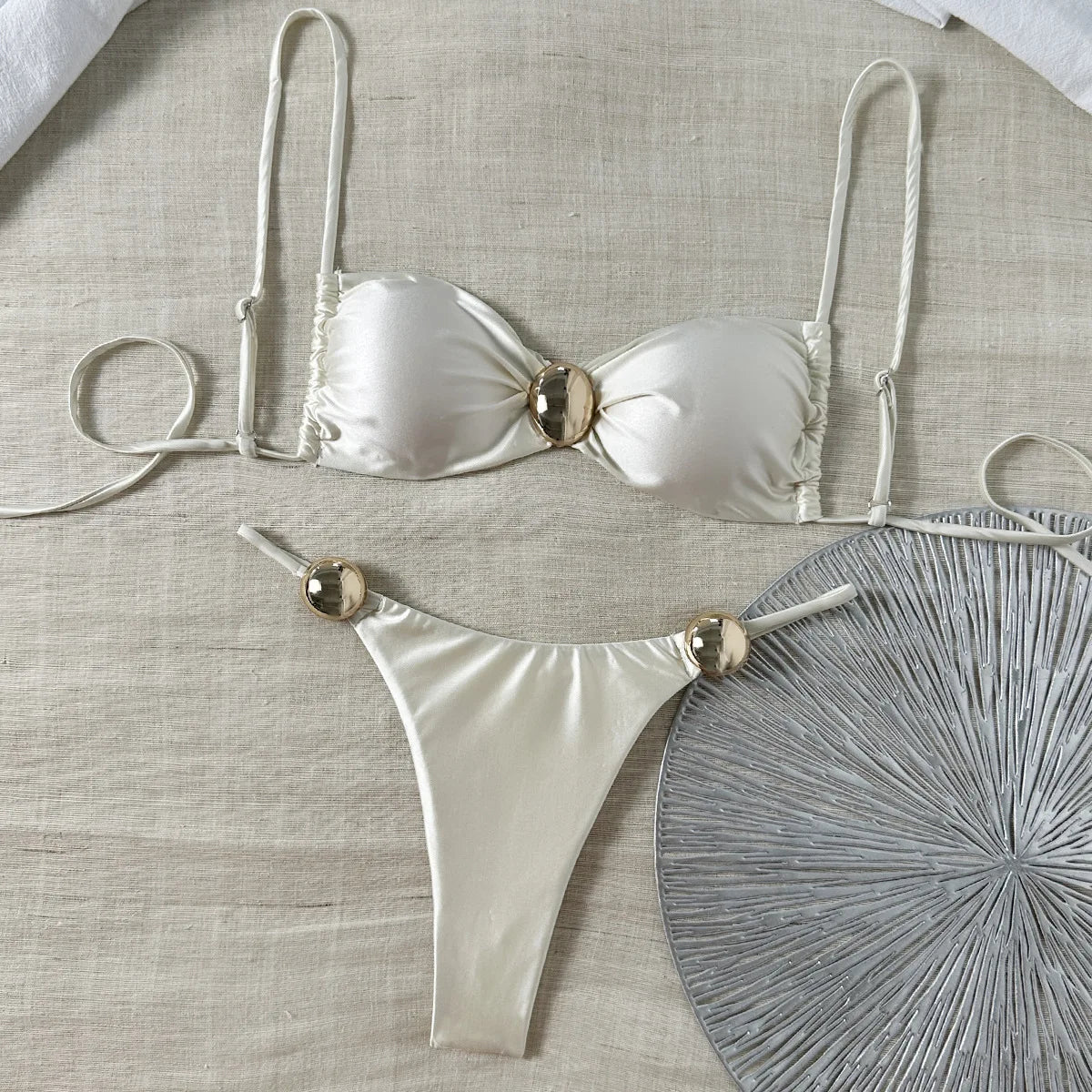 Metal Buckle Satin Bikini Women Micro Thong Swimwear Female Swimsuit Two-pieces Bikini Set High Cut Bather Bathing Suit Swim