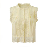 Summer Women’s Button Down Eyelet Tops Solid Color Sleeveless Round Neck Lace Trim Shirts Daily Casual Blouse Summer