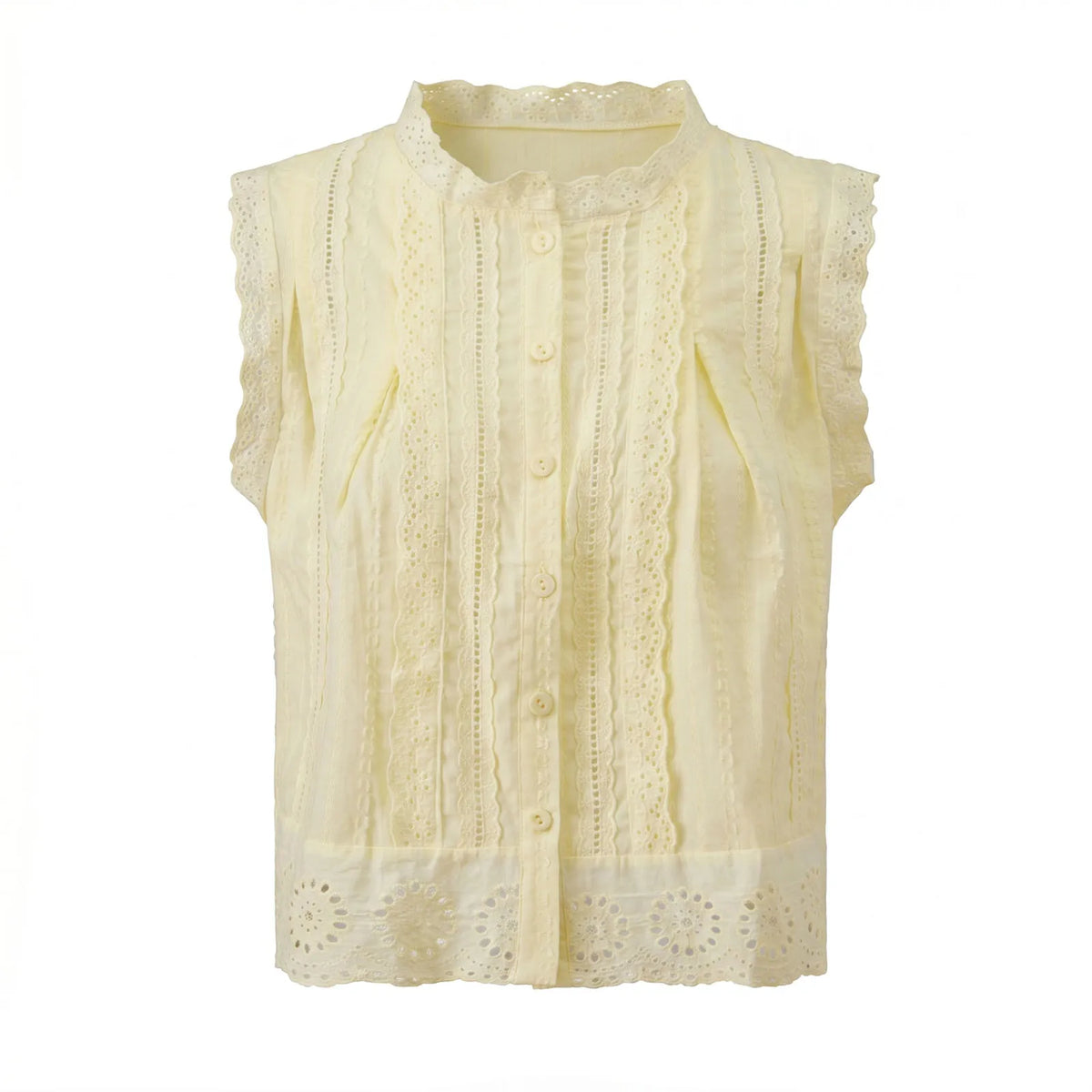 Summer Women’s Button Down Eyelet Tops Solid Color Sleeveless Round Neck Lace Trim Shirts Daily Casual Blouse Summer