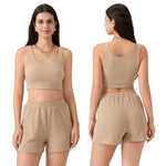Women 2 Piece Sets Summer Fitness Short Sets Sleeveless Square Neck Crop Vest + Loose Shorts Casual Tracksuits