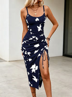 Women's Navy Blue Printed Spaghetti-Strap Split Dress for Spring and Summer