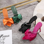 2025 Silk Butterfly Knot Women PVC Slippers Mule 11cm High Heels Slippers Luxury Sandals Pointed Toe Strappy Slides Party Shoes