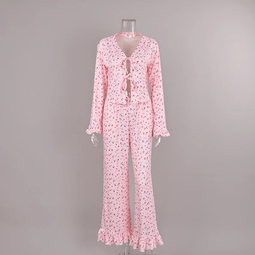 Printed Tie Ruffle Long Sleeve Soft Comfort Ladies Homewear Sleepwear Women 2026 Autumn Winter Knit Two Piece Pajama Set