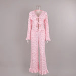 Printed Tie Ruffle Long Sleeve Soft Comfort Ladies Homewear Sleepwear Women 2026 Autumn Winter Knit Two Piece Pajama Set