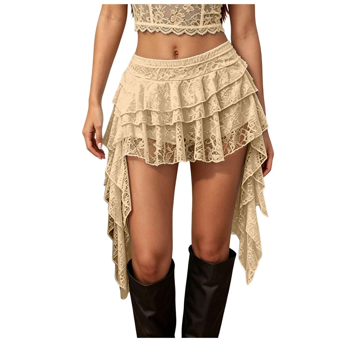 Women's Tiered Lace Ruffle Mini Skirts Asymmetric High Low Hem Gothic Skirts Elastic Waist Sexy Layered Flowy Lace Skirts Y2k