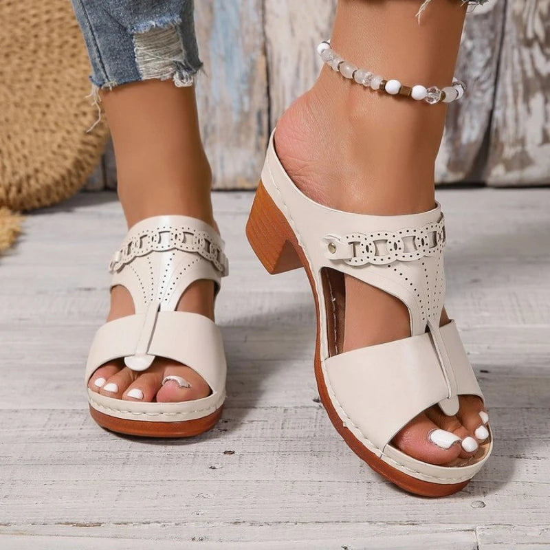 Summer Womens Low Wedge Sandals Thick Heel Fish Mouth Thick Sole Women's Slippers Fashionable Casual Leather Zapatillas De Mujer