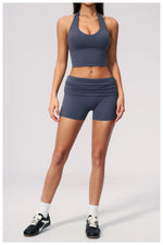 2PCS Yoga Set Women V-neck Cross Neck Shock-absorbing Sports Vest Workout Pleate Flip High Waist Shorts Gym Runing Fitness Suits