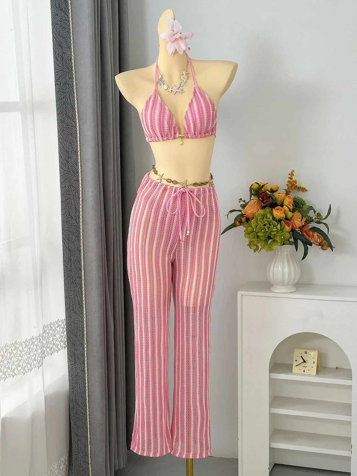 DEKA Vintage Red Striped Bikini Set Women Thong Swimwear Drawstring Long Panties 3 Piece Swimsuit Beach Holiday Bathing Suit