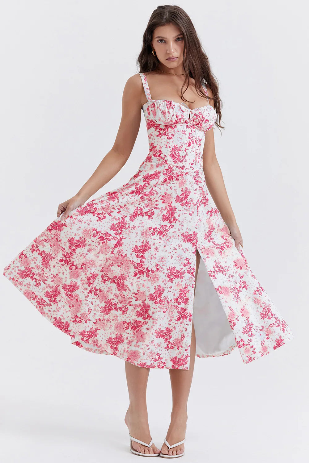 Sexy Low Cut Spaghetti Strap Maxi Dresses For Women Color Flower Printed Chest Wrap Bowknot Leace-up Long Dress Elegant Vestidos