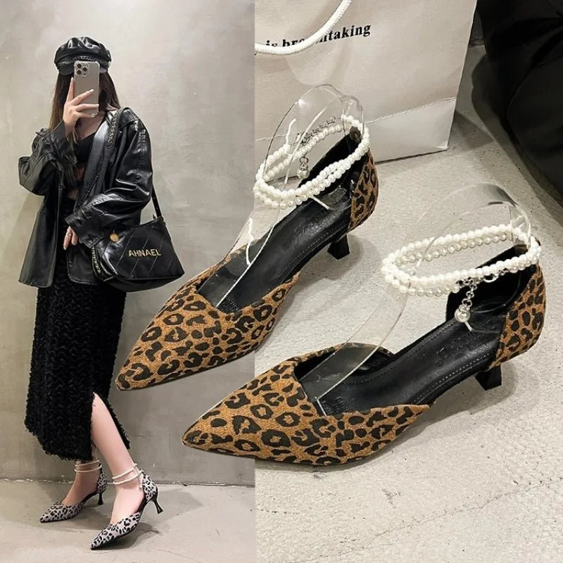 Baotou sandals for women's 2026 summer new shallow mouthed western-style leopard print high heels, metal pointed women's shoes