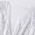 Women Summer Fall Sequin Shorts Jumpsuit Trendy Sparkly V Neck Long Sleeve Romper with Belt for Party Club