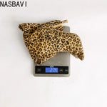 NASBAVI Super High Slim Heel Peep Toe Hollowed Boots Zipper Elastic Boots Leopard Print Flock Material Over The Knee Boots 35-48