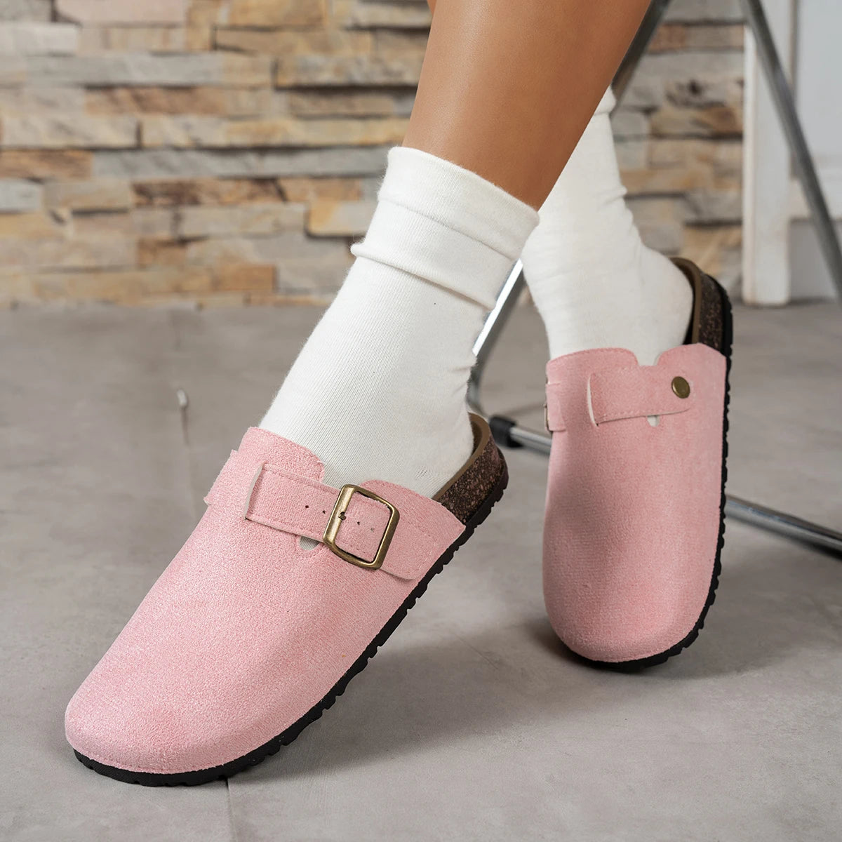 Women Suede Clog Mule Slippers Adjustable Buckle Closed Toe Backless Flat Indoor Outdoor Casual Shoes