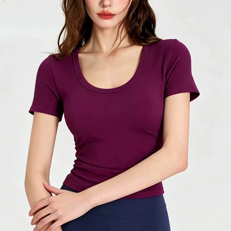 Big round Neck Yoga T-Shirt Short-Sleeved Slimming Sports Top with Fixed Chest Cushion for Running Pilates Summer Stretch