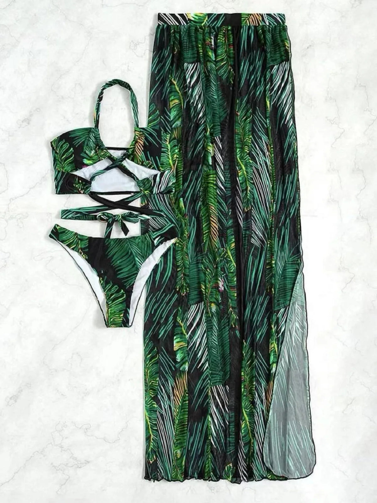 2024 Halter Criss Cross Bikini Tropical Print Swimsuit & Beach Dress 3 Piece Sexy Swimwear Women Bathing Suit Beachwear Summer