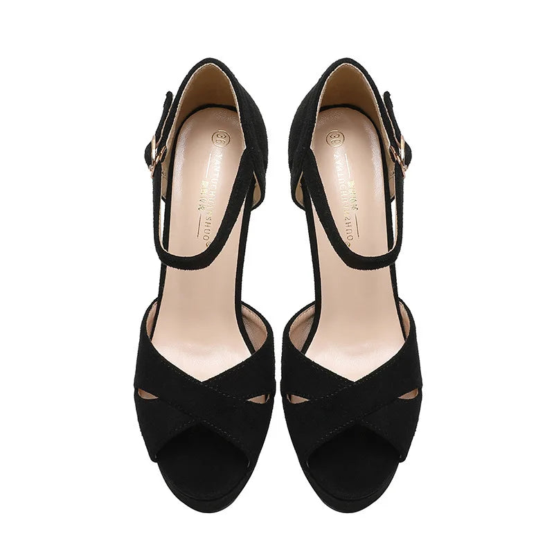 Flock Sandals Women Summer Platform Pumps Black Party Dress Evening Shoes Female High Heels Sandals Peep Toe Platform Heels