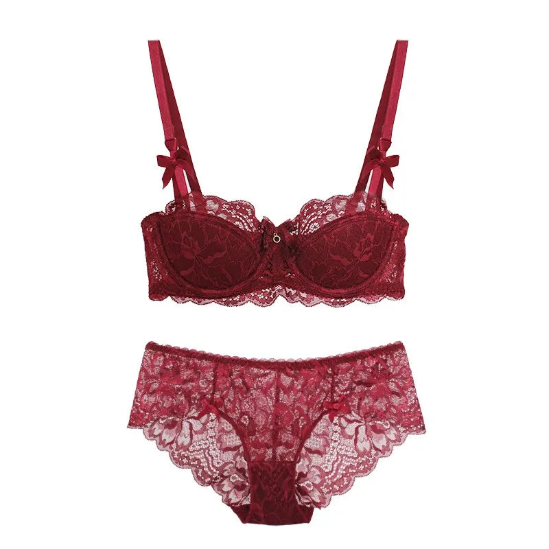French Pure Desire Bralette AB Cup Wireless Lace Bra Set-Small Bust Push Up ComfortChubby Girl Bow Design Thin Fold Plus Size