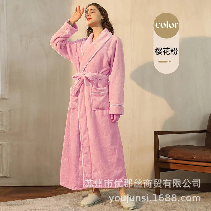 2026 Autumn Winter New Thick Coral Fleece Couple Bathrobe, Long Flannel Robe for Men Women Warm Home Pajamas Loungewear