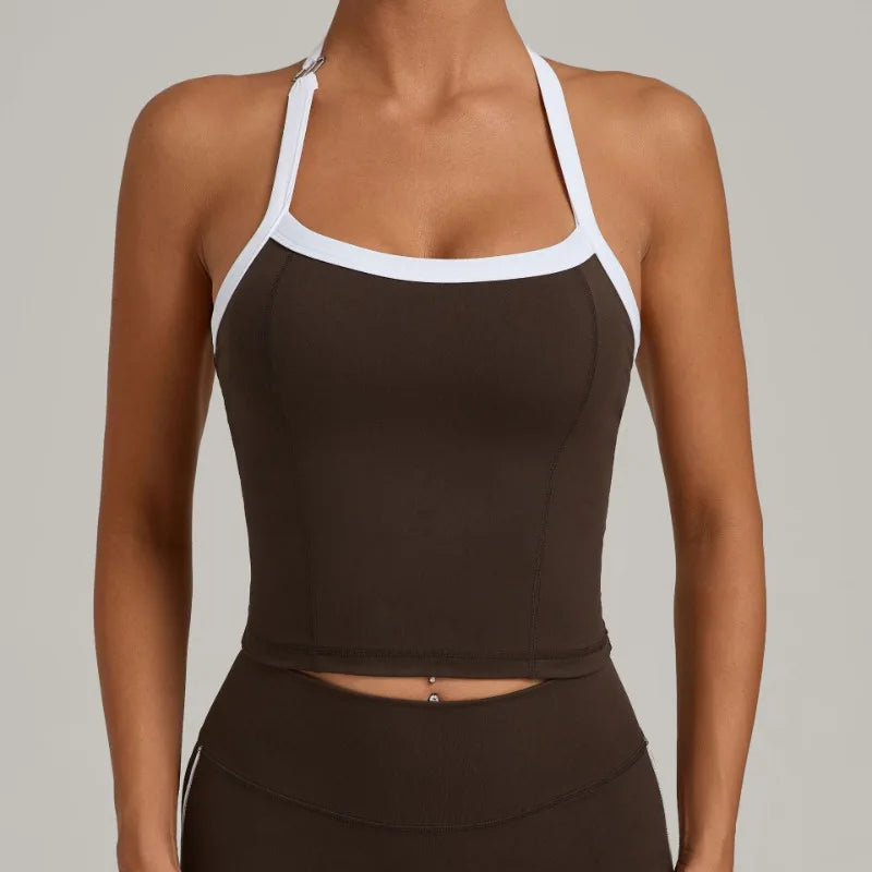 Women's Seamless Yoga Tank Top - Adjustable HALTER Neck & Quick-Dry Fitness Shirt Color Block Running Sports Gym Workout Top