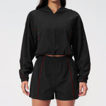 Summer Sun Protection Yoga Suit Women Contrasting Colors Long Sleeve Hoodies Top High Waist Shorts Running Fitness Athletic Wear