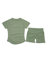 DFTLF Women 2PCS Seamless Yoga Suit Short Sleeve Top High Waist Shorts Quick Dry Breathable Gym Fitness Running Workout Sport