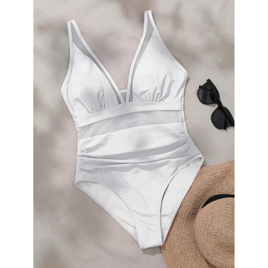 S - XL New Sexy Mesh Sheer V Neck Women Swimwear One Piece Swimsuit Female High Leg Cut Monokini Bather Bathing Suit Swim V5136