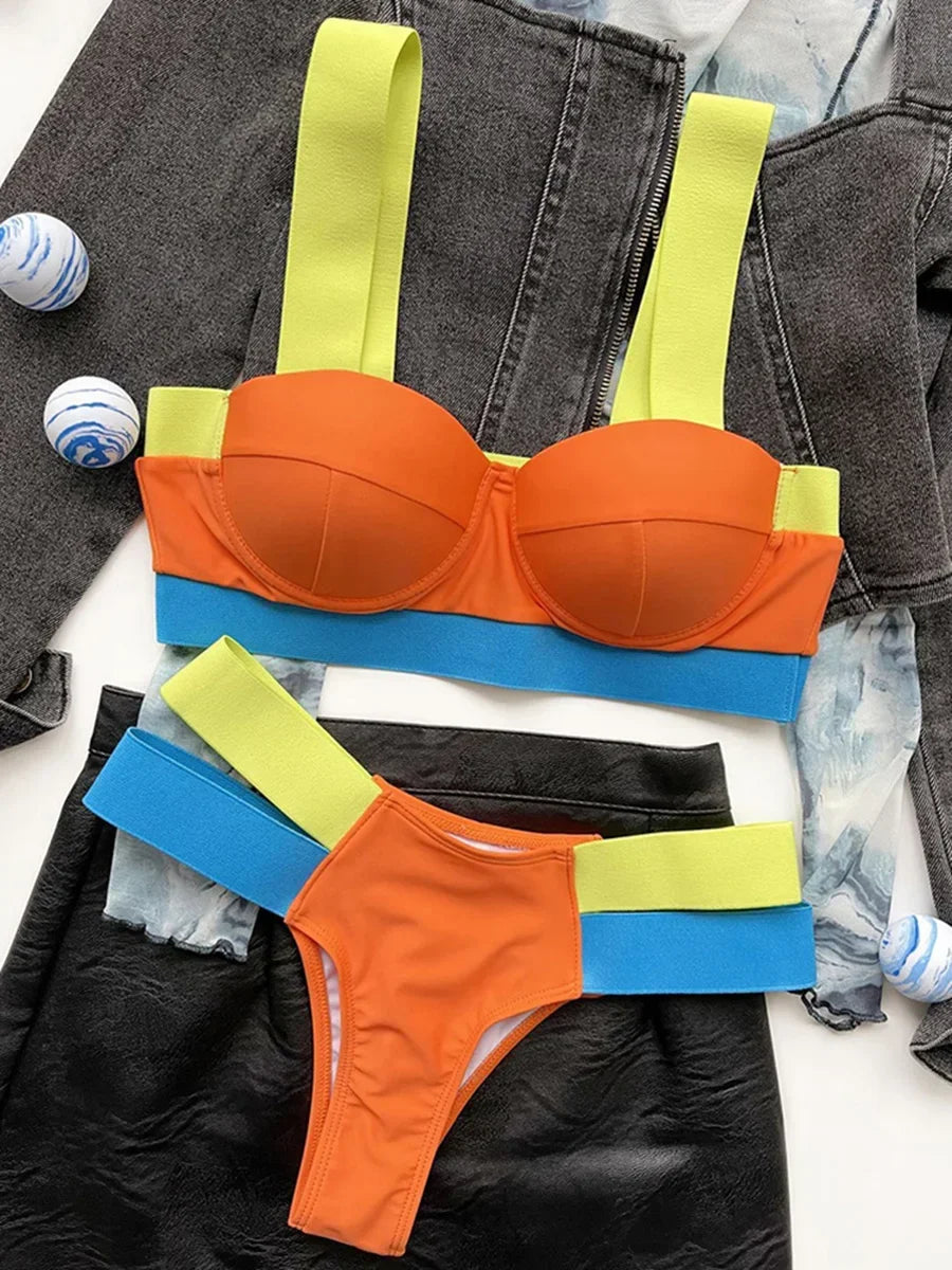Splicing Push Up Bra Cup Bikini Women Swimsuit Female Swimwear Two-pieces Bikini Set High Cut Bathing Suit Swim Beach Wear
