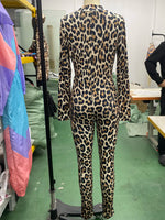New 2026 Sexy Leopard Jumpsuit Women Knitted Tight Stretchy Zipper Full Length Pencil Pants Trousers Rompers Long Sleeve 63949