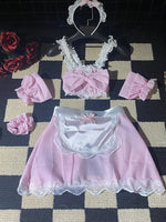 Women Maid Costume Outfit Black White Ruffle Sleeveless Suspender Dress with Apron for Halloween Cosplay Themed Party Role Play