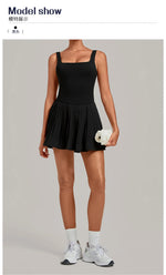 Naked Fake Two Piece Tennis Dresses with Pocket Bottom Women Back Hollow Out Pleate Skirts Outwear Square Collar Golf Yoga Dress