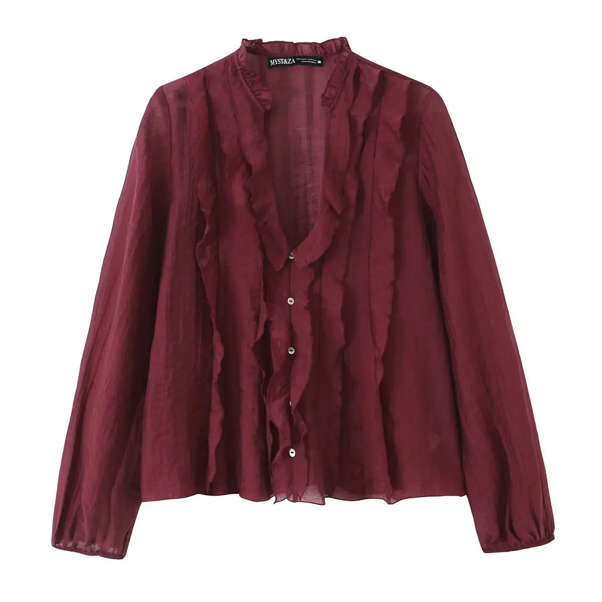 2026 Spring New Women Elegant Loose V Neck Wave Trim Polka Dot Blouse Thin Long Sleeve Top