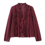 2026 Spring New Women Elegant Loose V Neck Wave Trim Polka Dot Blouse Thin Long Sleeve Top